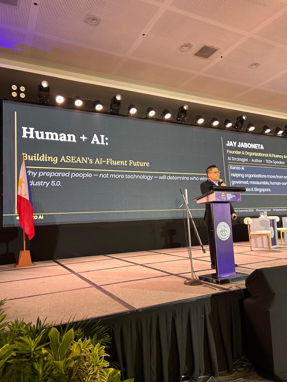 Jay Jaboneta delivering Human + AI at the ASEAN Innovation Summit 2026 in Davao City
