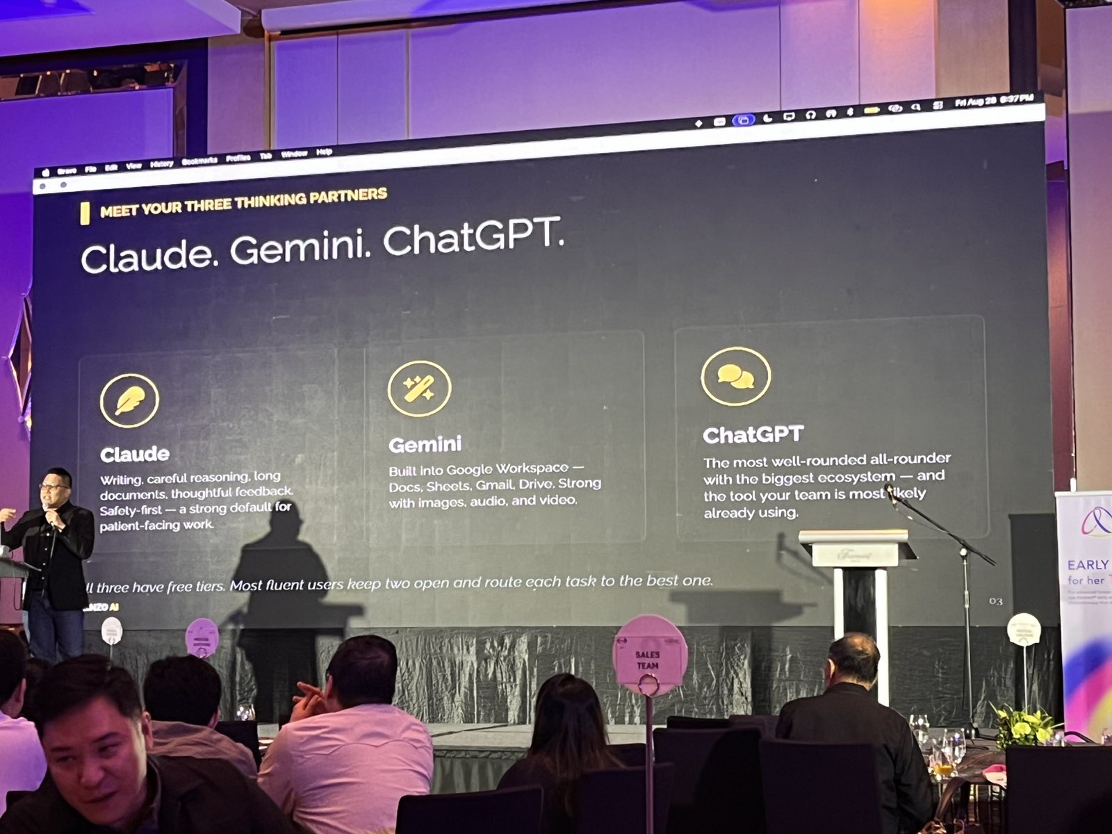 Slide comparing Claude, Gemini and ChatGPT during the Kenzo AI keynote at the HI-Eisai HONE Summit