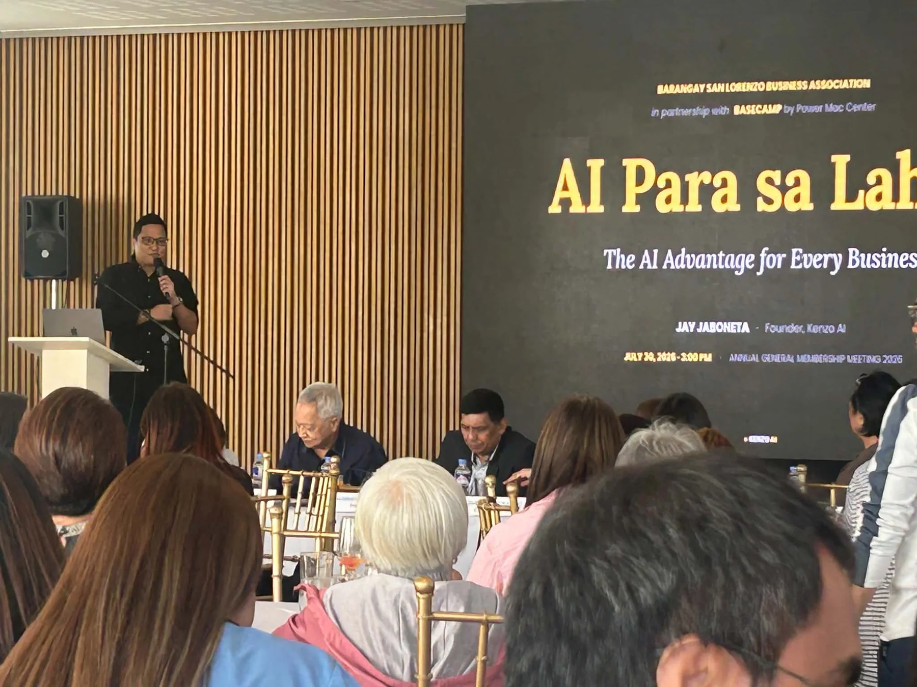 Jay Jaboneta presenting AI Para sa Lahat to the Barangay San Lorenzo Business Association in Makati City