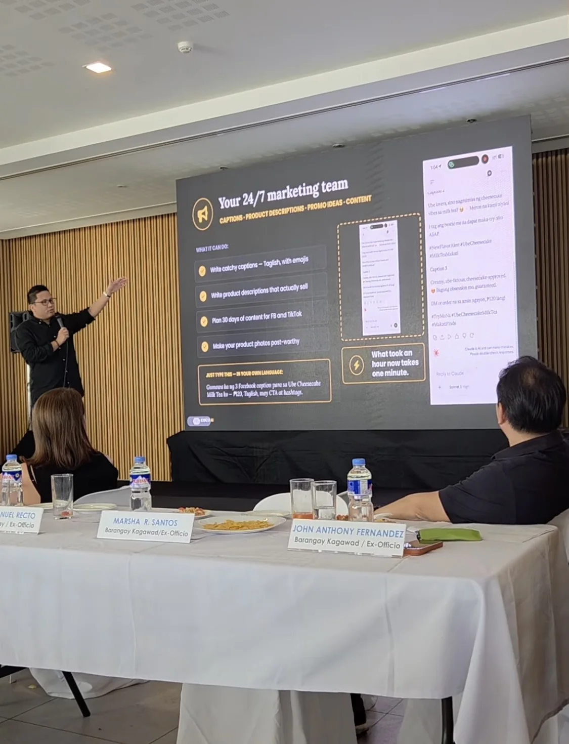 Jay Jaboneta demonstrating a practical AI marketing workflow during the BSLBA talk
