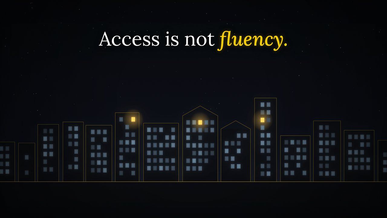 A night town where three windows glow warm among cold ones, under the words: Access is not fluency.