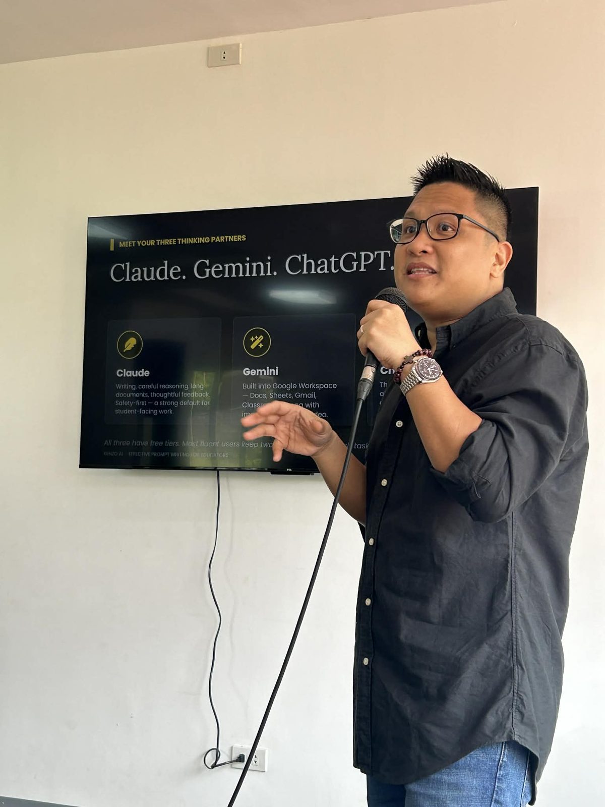 Jay Jaboneta introducing Claude, Gemini, and ChatGPT as thinking partners for educators at the PAREF faculty session