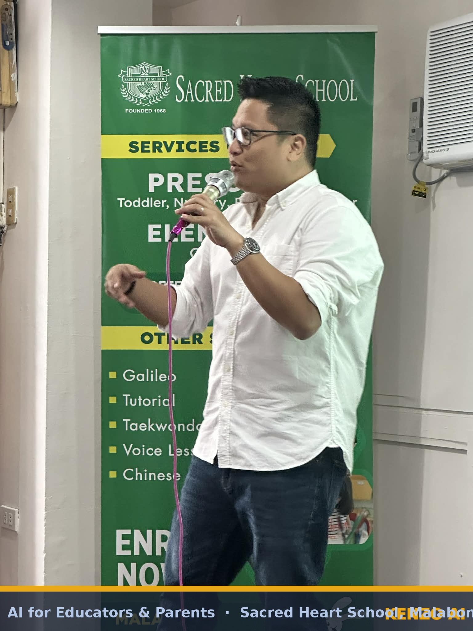 Jay Jaboneta speaking at Sacred Heart School Malabon — AI for Educators and Parents talk, April 2026
